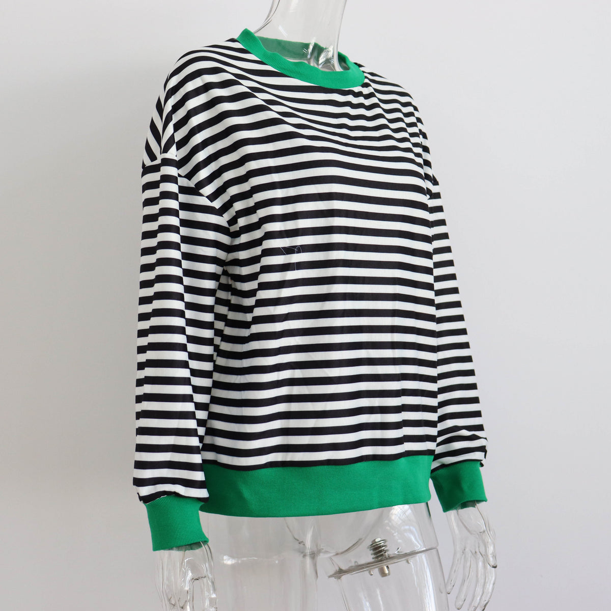 Simple Striped Color Contrast Long Sleeve T shirt Women Street Trendy Clothes Loose Fitting Casual round Neck Top Thin Sweatshirt