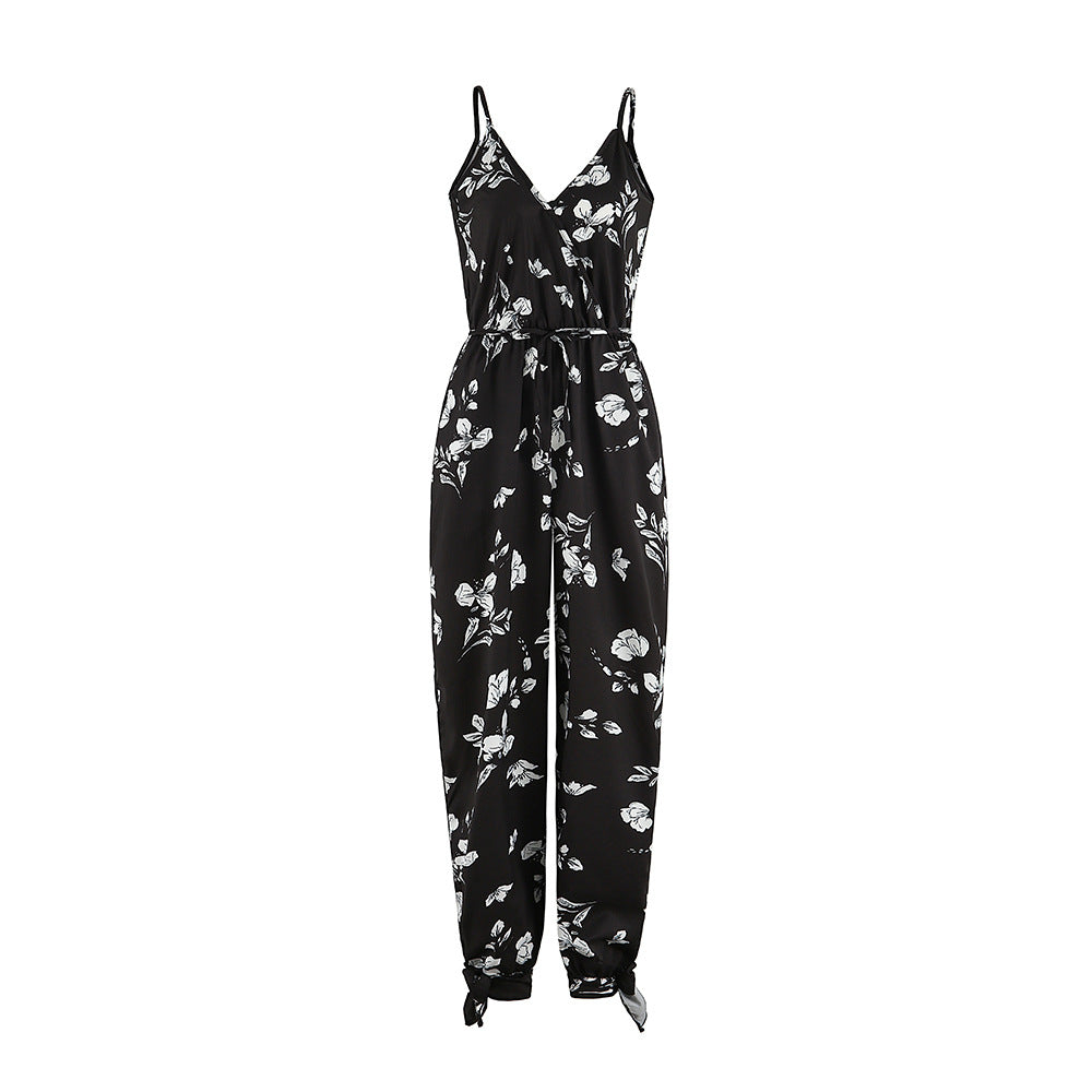 Spring Summer Sexy Backless Tether Deep V Plunge Plunge neck Strap Long Conjoined Trousers