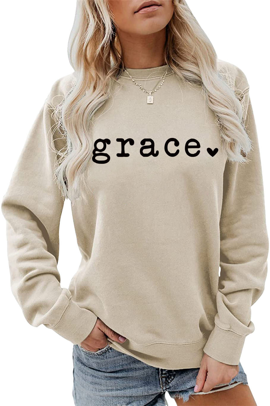 Grace Love Letter Graphic Loose Autumn Winter Bottoming Casual Top Long Sleeve Sweatshirt Women