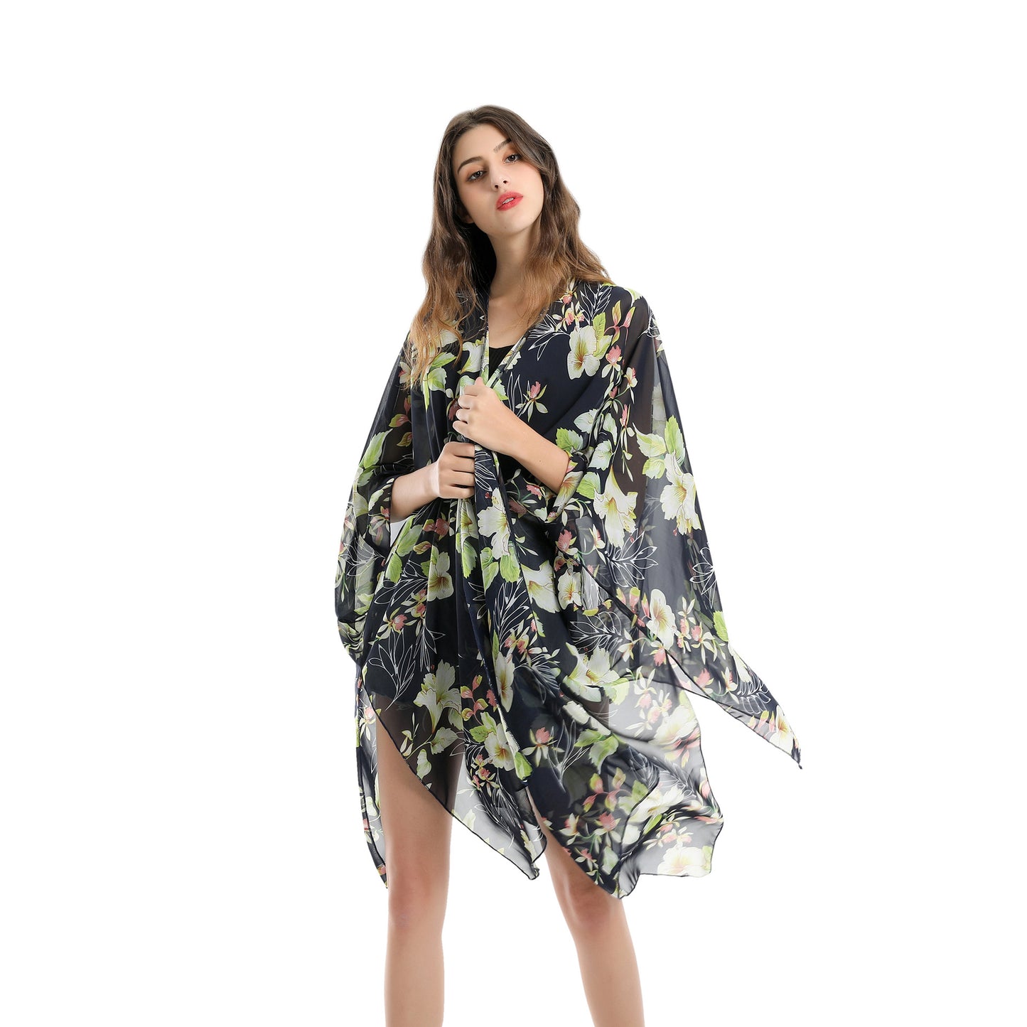 Elegant Lily Pattern Chiffon Beach Sun Protection Beach Cover Up Cardigan