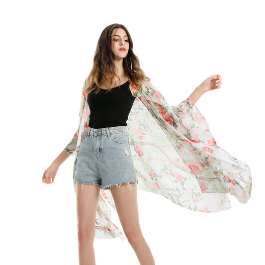 Pastoral Floral Cluster Green Leaf Vacation Travel Chiffon Beach Cover Up Coat