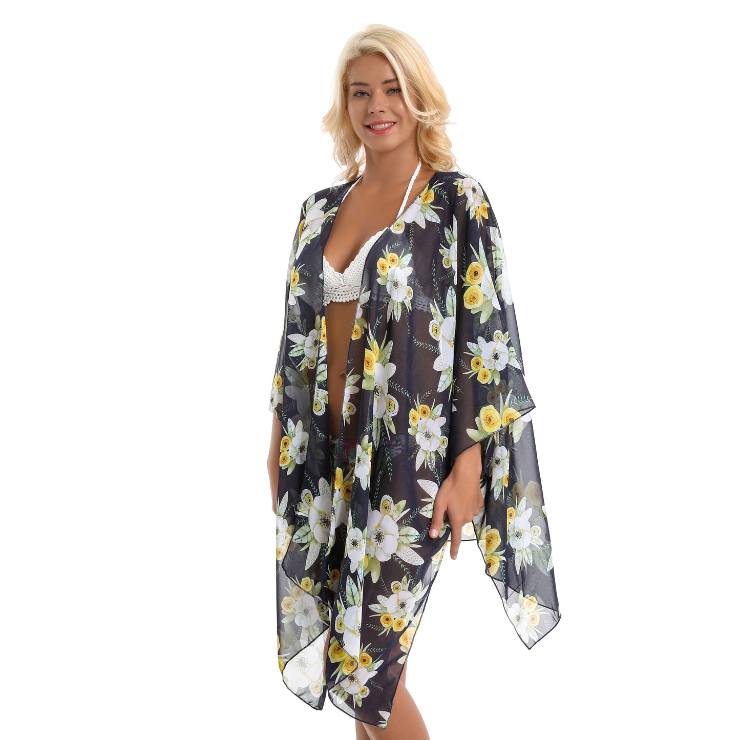 Elegant Lily Pattern Chiffon Beach Sun Protection Beach Cover Up Cardigan