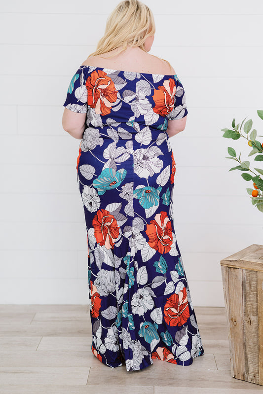 Blue Green Off the shoulder Floral Print Plus size Maxi Dress