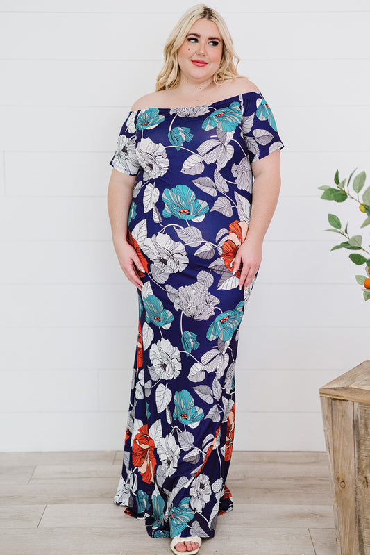 Blue Green Off the shoulder Floral Print Plus size Maxi Dress