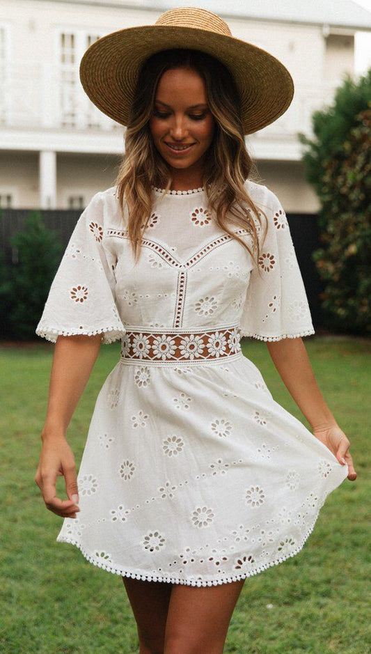 Eyelet Embroidery Summer Sexy Backless Hollow Out Cutout Tassel Cotton-like Dress for Women