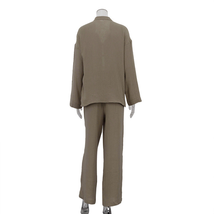 Women Clothing Cotton Champray Long Sleeve Lace up Cardigan Top Loose Trousers Casual Two Piece Set