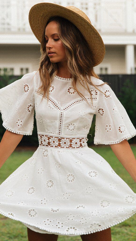 Eyelet Embroidery Summer Sexy Backless Hollow Out Cutout Tassel Cotton-like Dress for Women