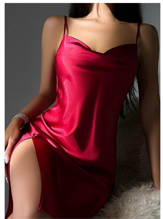 Sexy Slit Suspender Dress Mid Length Silk Nightdress Women Summer Artificial Silk Home Backless Suspender Pajamas