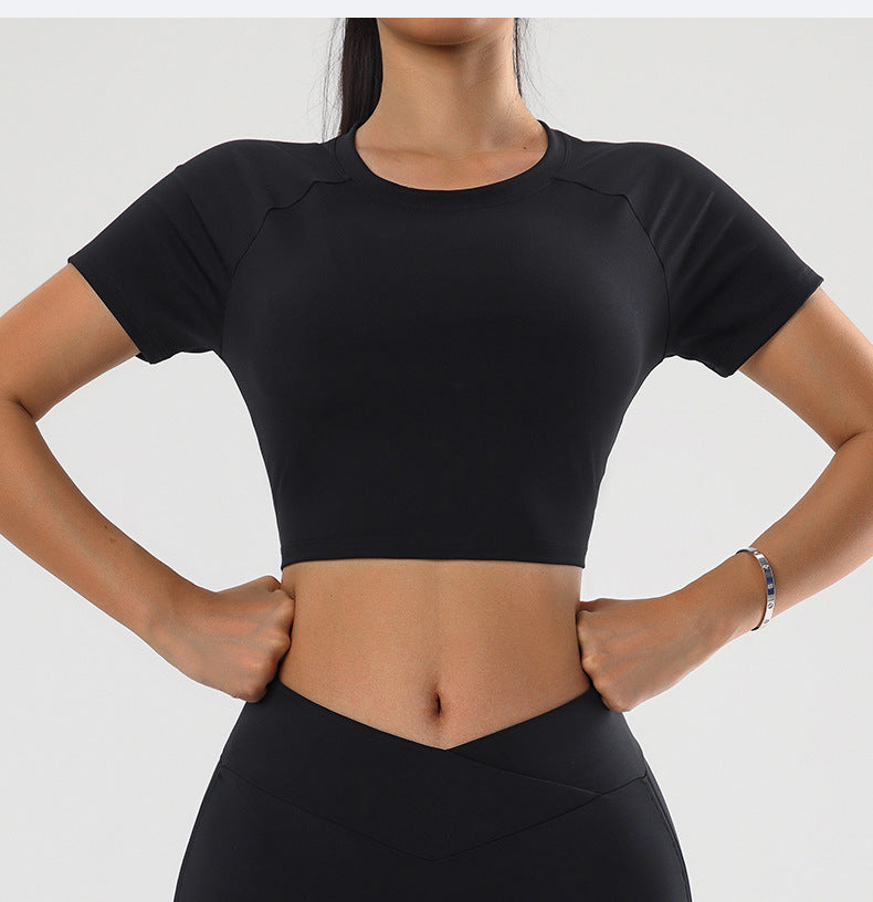 Summer round Neck Yoga T shirt Short Sleeve High Sense Sexy Tight Exposed Cropped Workout Running Top Sports Short Sleeve