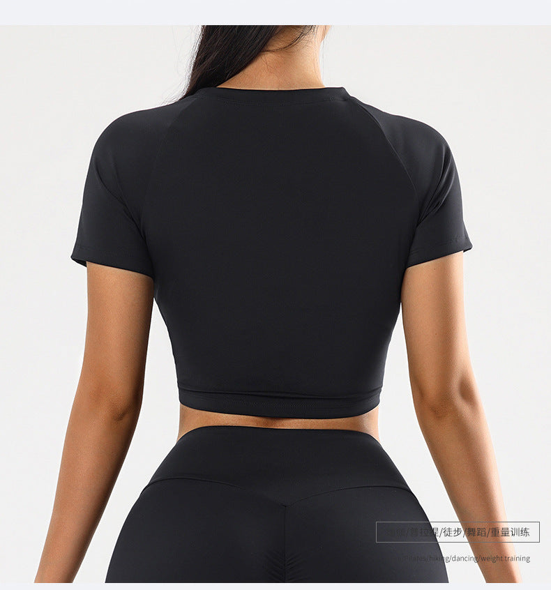 Summer round Neck Yoga T shirt Short Sleeve High Sense Sexy Tight Exposed Cropped Workout Running Top Sports Short Sleeve