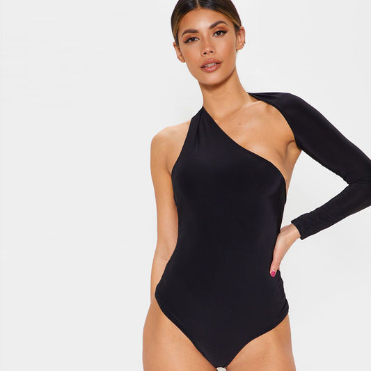 Autumn Winter Sexy One-Shoulder Tight Bodysuit Street Milk Silk Bottoming Top Women