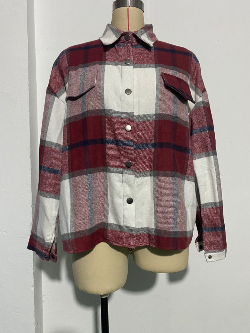 Woolen Plaid Long Sleeve Turn Down Collar Coat Thick Casual Loose Shirt