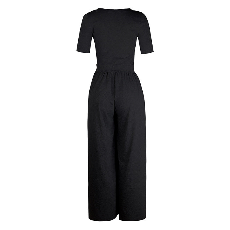 Women Clothing New round Neck Short Sleeve Long Pattern Jumpsuit