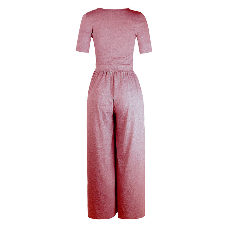 Women Clothing New round Neck Short Sleeve Long Pattern Jumpsuit
