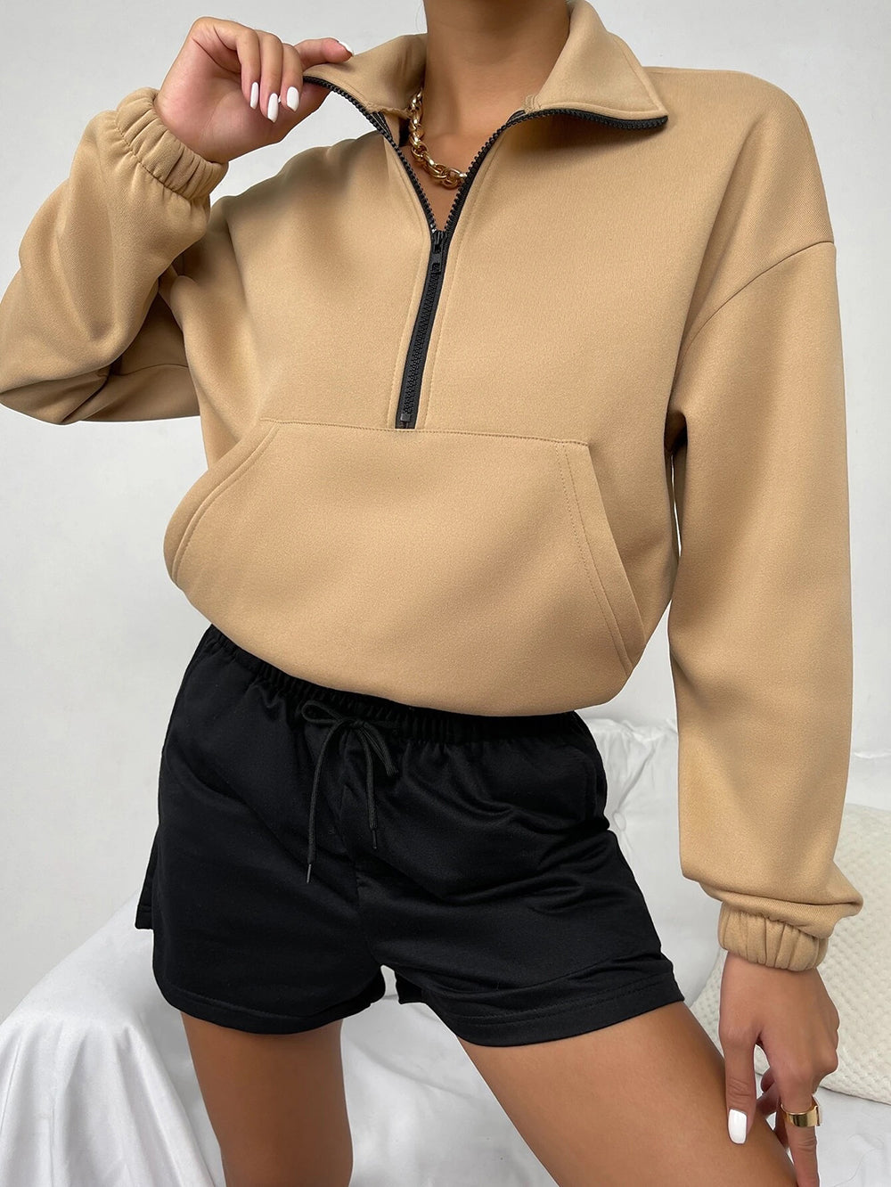 Autumn Winter Top Zipped Stand Collar Long Sleeve Brushed Loose Sweatshirt Women