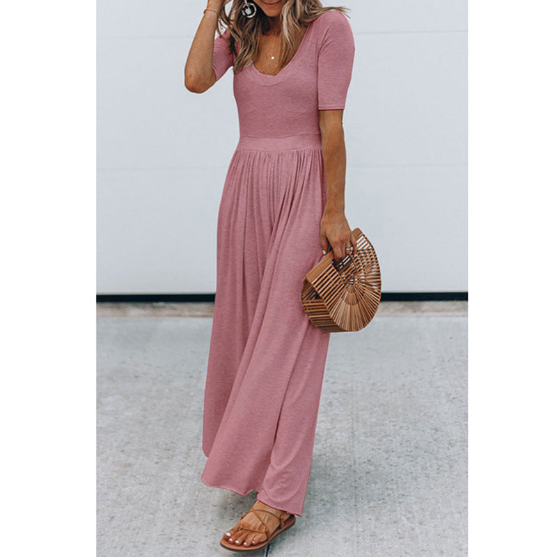 Women Clothing New round Neck Short Sleeve Long Pattern Jumpsuit