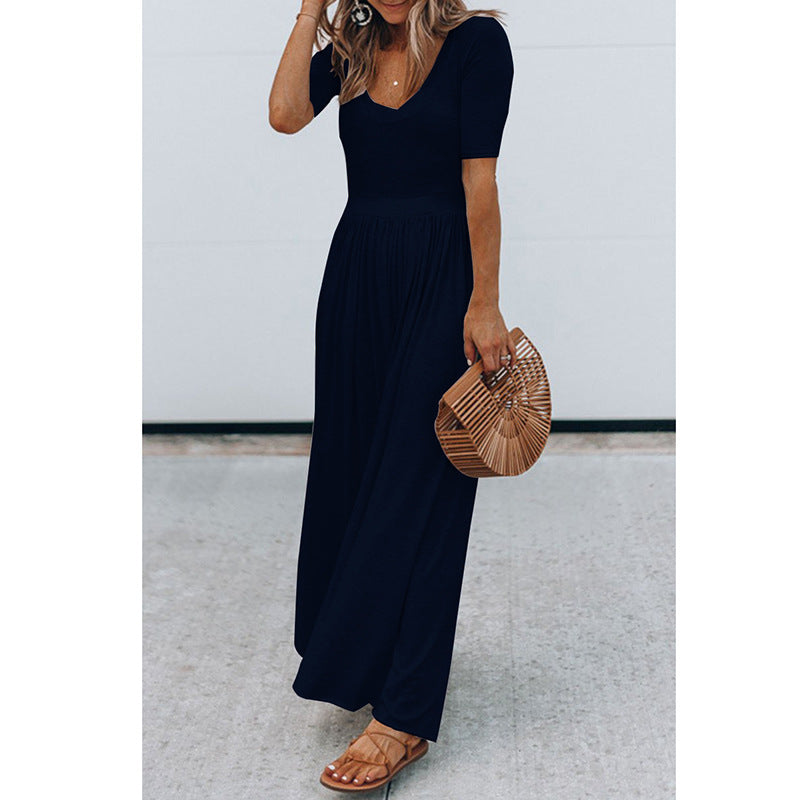 Women Clothing New round Neck Short Sleeve Long Pattern Jumpsuit