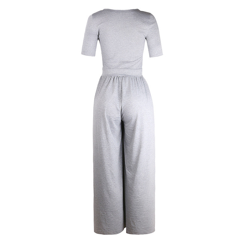 Women Clothing New round Neck Short Sleeve Long Pattern Jumpsuit