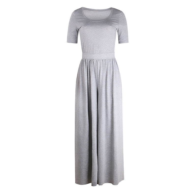 Women Clothing New round Neck Short Sleeve Long Pattern Jumpsuit