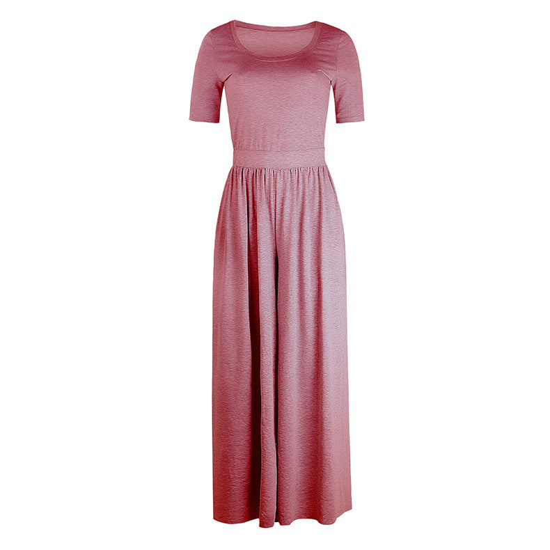 Women Clothing New round Neck Short Sleeve Long Pattern Jumpsuit
