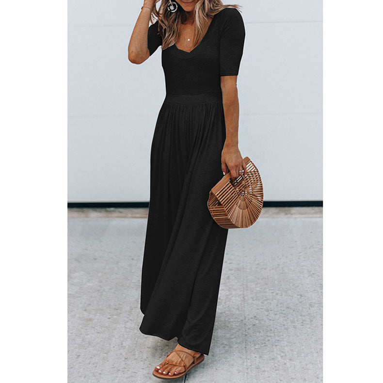 Women Clothing New round Neck Short Sleeve Long Pattern Jumpsuit