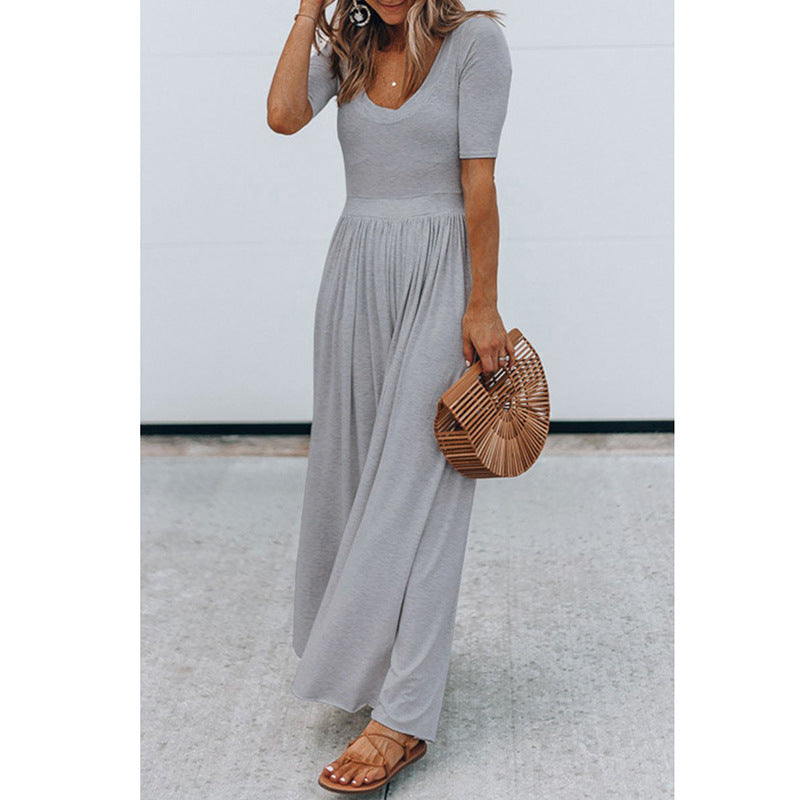 Women Clothing New round Neck Short Sleeve Long Pattern Jumpsuit