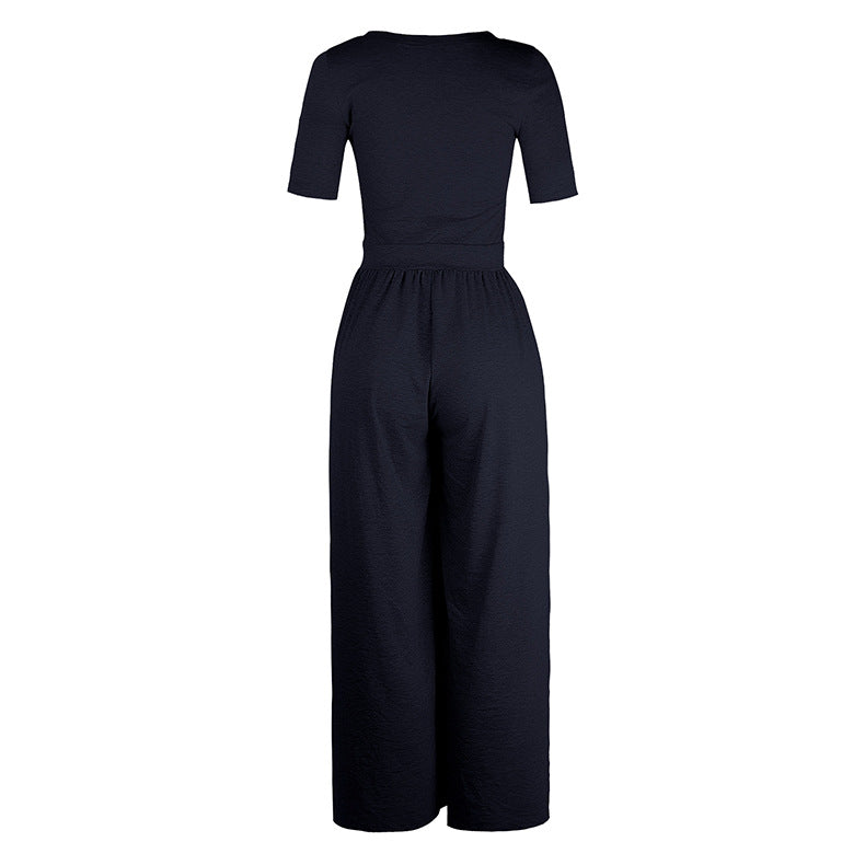 Women Clothing New round Neck Short Sleeve Long Pattern Jumpsuit