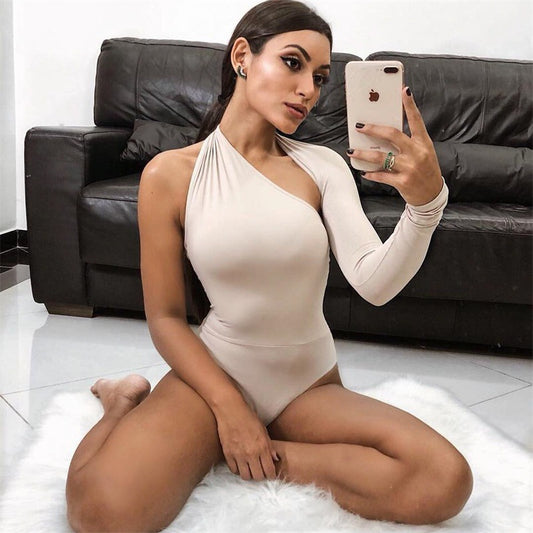 Sexy One-Shoulder Tight Bodysuit Spring Summer Street Office Milk Silk Bottoming Shirt