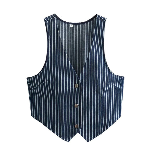 Women Summer Cinched Sleeveless Short Vest Women Striped Cardigan