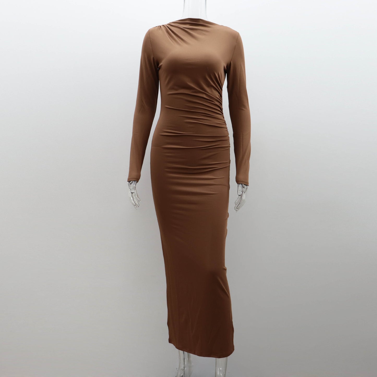 Autumn Winter Solid Color Round Neck Long Sleeve Sexy Dress Women Clothing Dress
