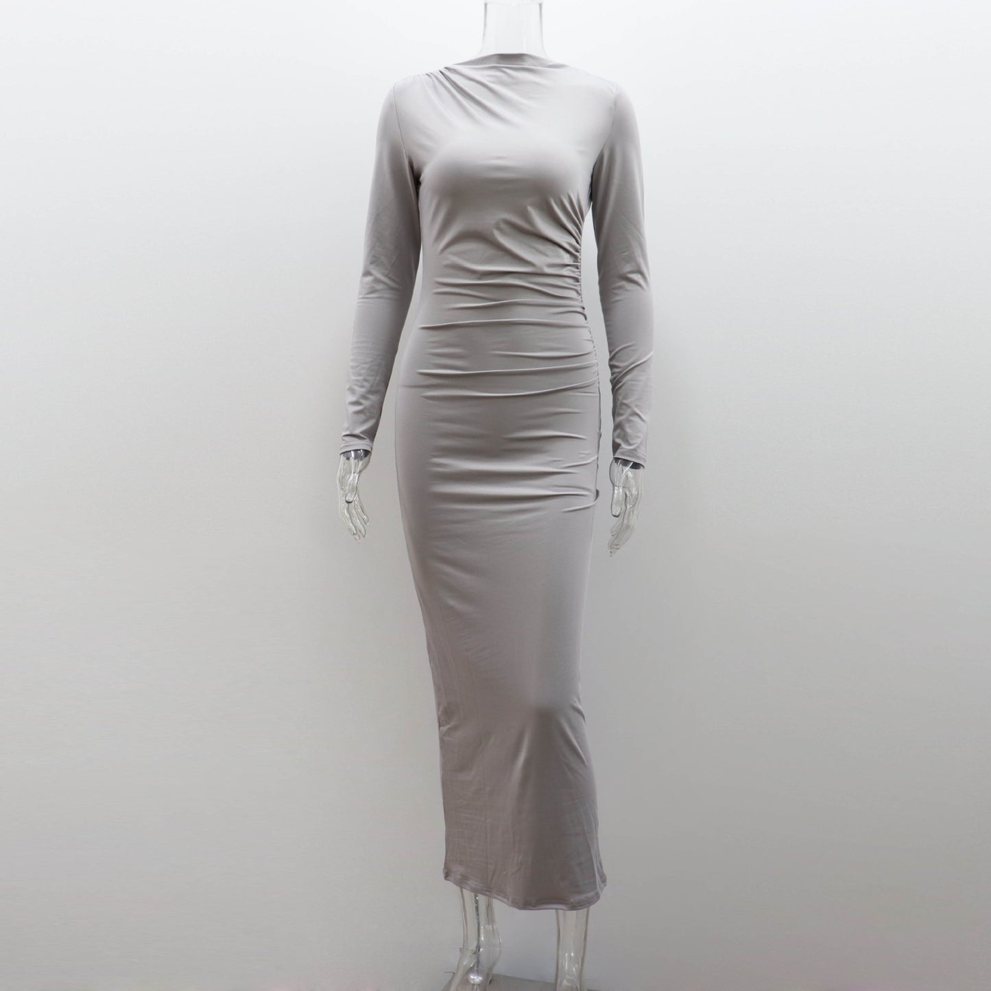 Autumn Winter Solid Color Round Neck Long Sleeve Sexy Dress Women Clothing Dress
