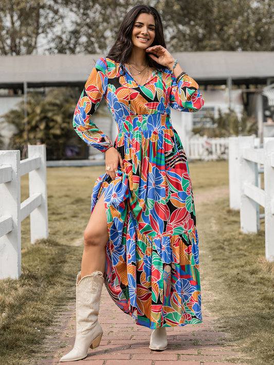 Women Printed V neck Long Sleeve Dress Bohemian Maxi Dress