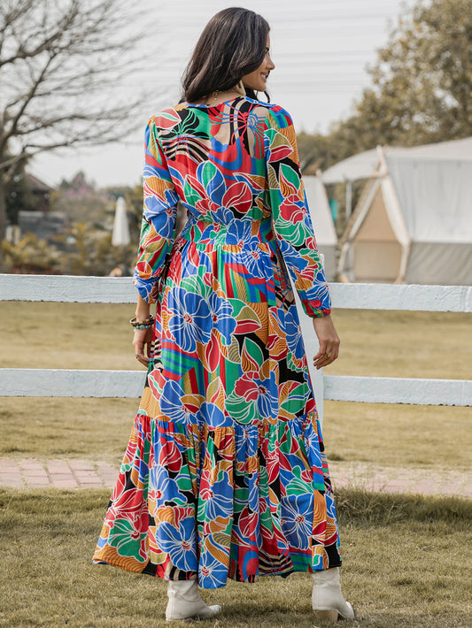 Women Printed V neck Long Sleeve Dress Bohemian Maxi Dress