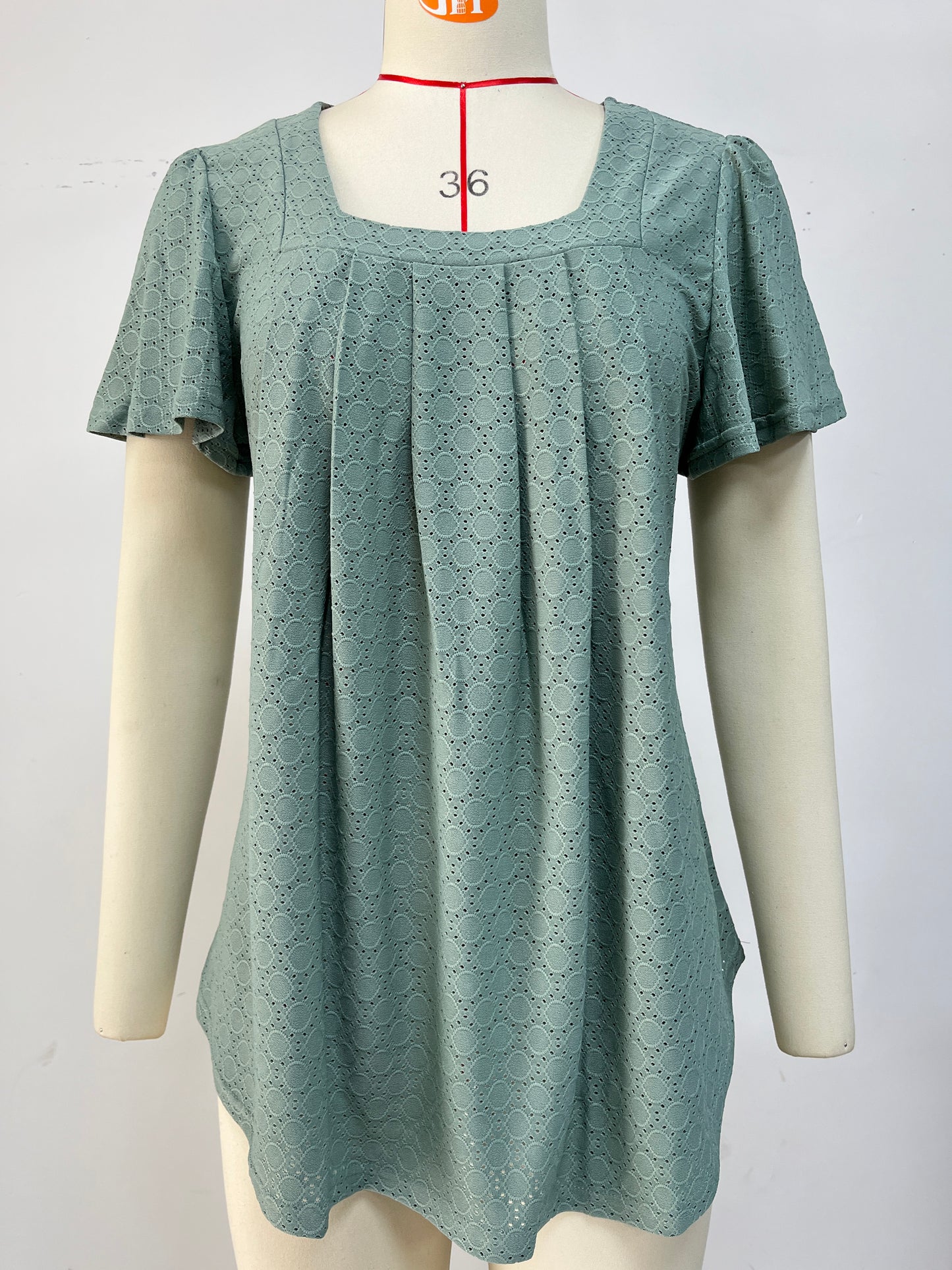 Spring Summer Solid Color Square Collar Pleated Short Sleeves Loose Fitting T shirt Top Women