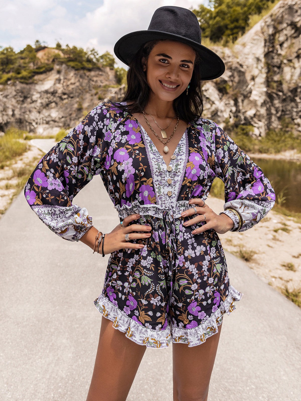 Women Autumn Winter Bohemian Floral Jumpsuit