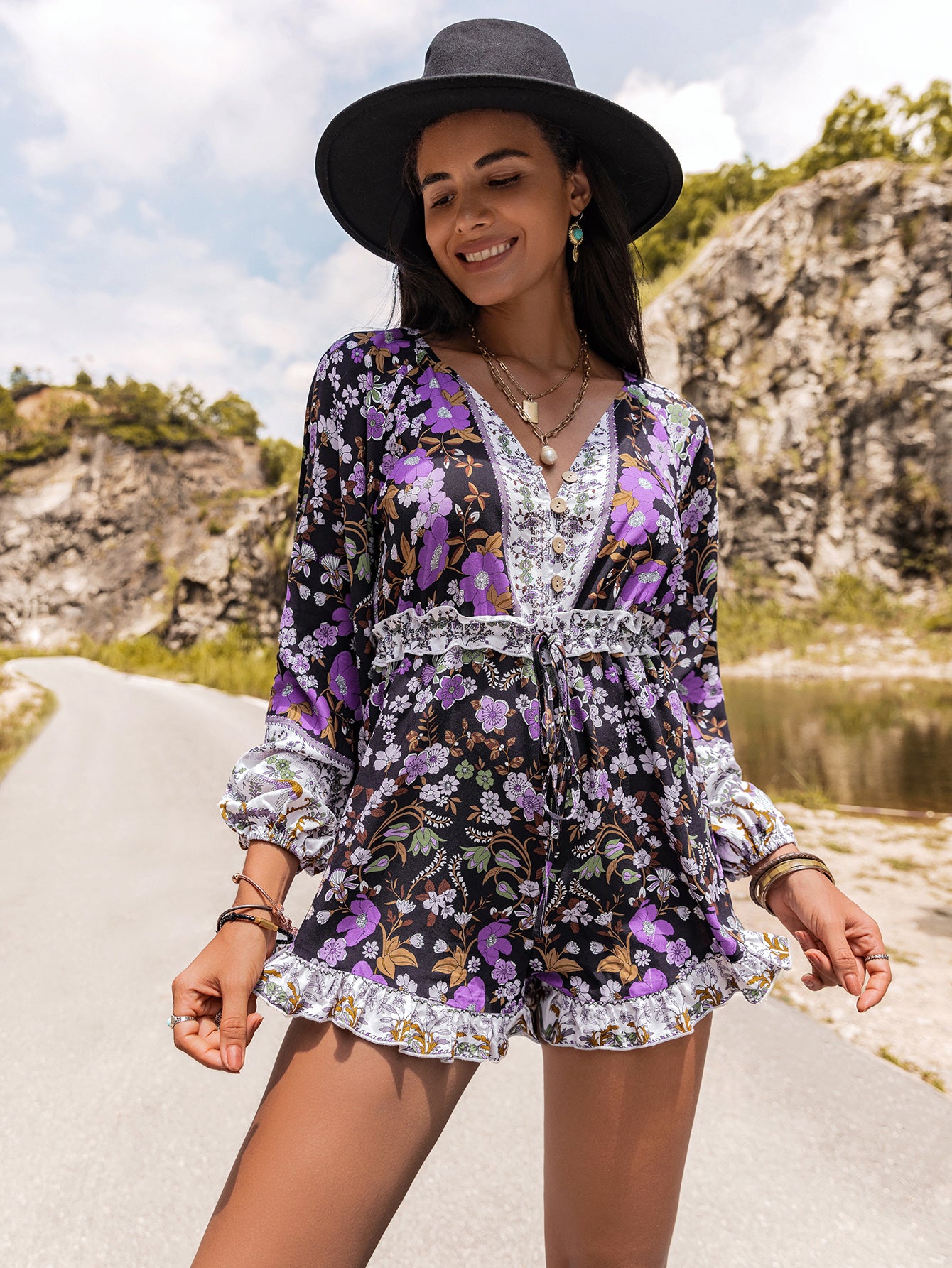 Women Autumn Winter Bohemian Floral Jumpsuit