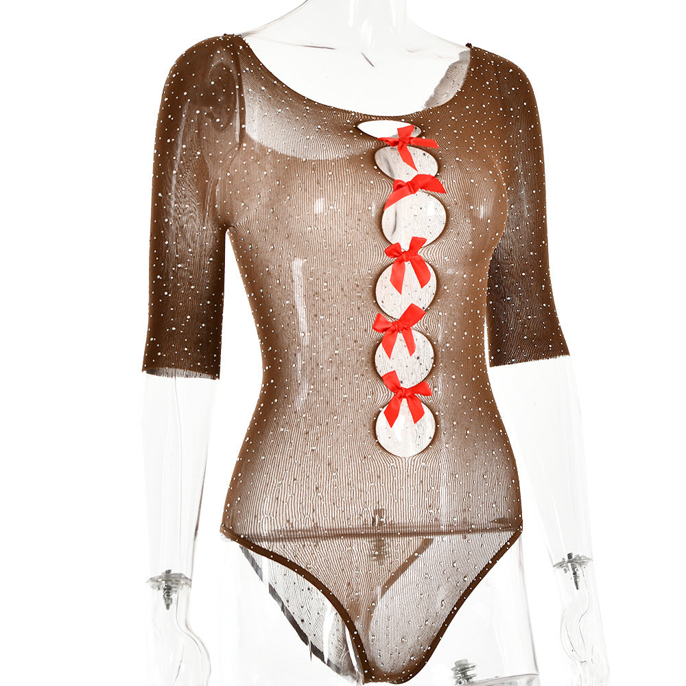 Autumn Sexy High Elastic Knitted See through Bow Hollow Out Cutout Rhinestone Jumpsuit