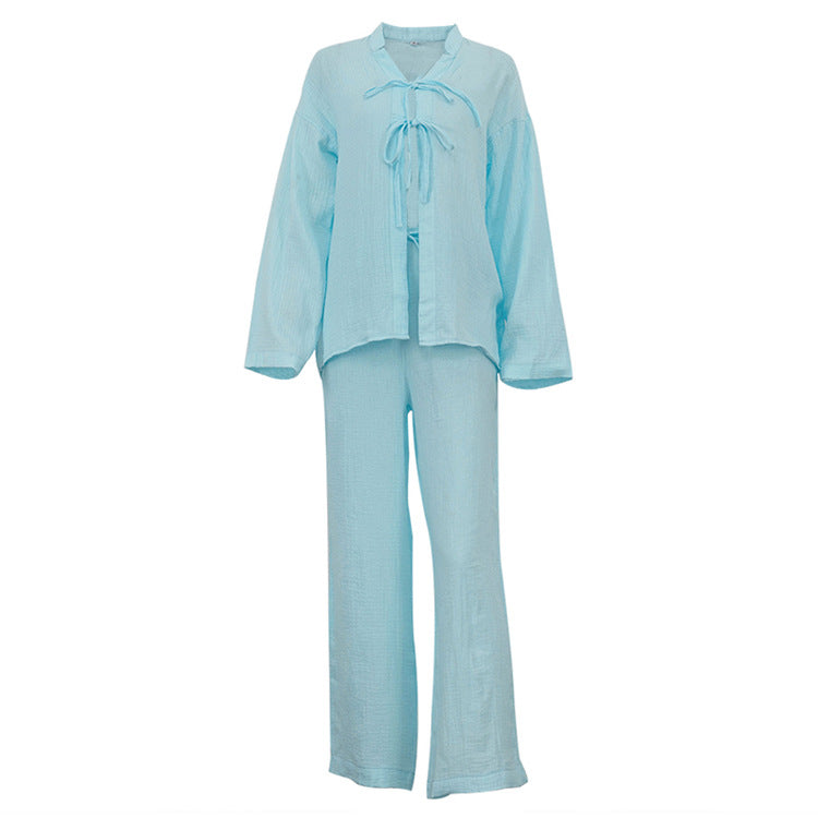 Women Clothing Cotton Champray Long Sleeve Lace up Cardigan Top Loose Trousers Casual Two Piece Set
