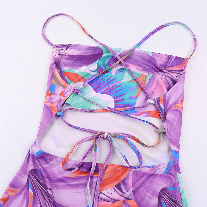 Color Split Dress Backless Printing Slip Dress