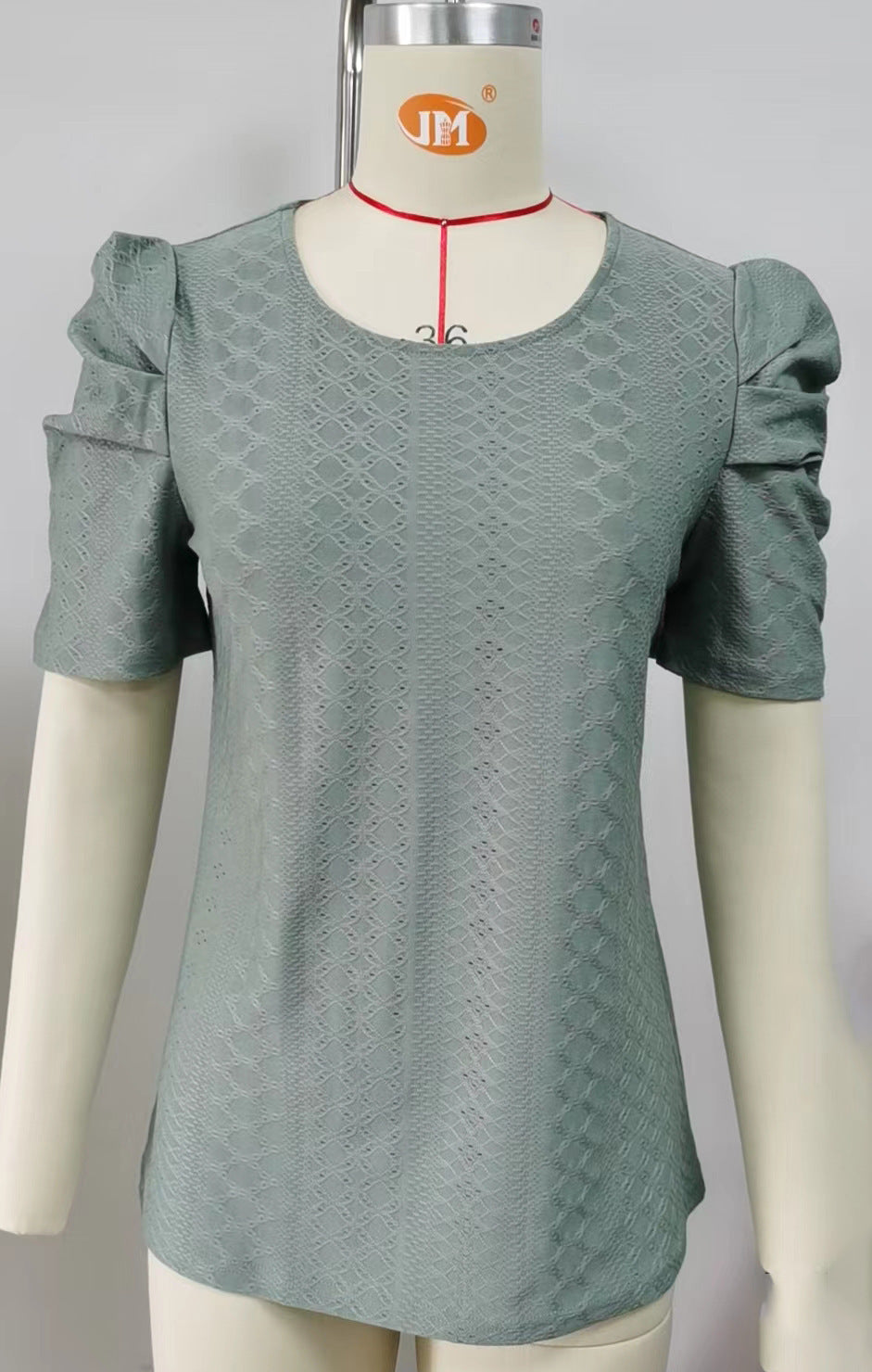 Solid Color round Neck Pleated Oversleeves Loose Fitting T shirt Top Ladies