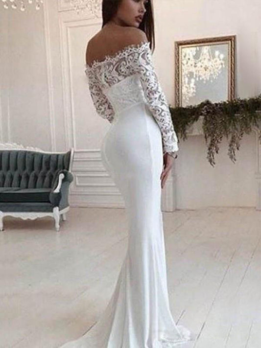 Autumn Women Clothing Off Shoulder Lace Long Sleeve Dress Mop Wedding Dress