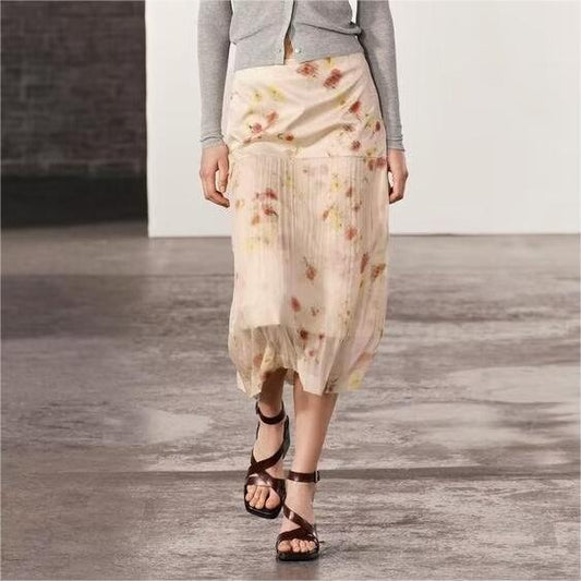Spring Women Slim High Waist Transparent Floral Print Midi Dress