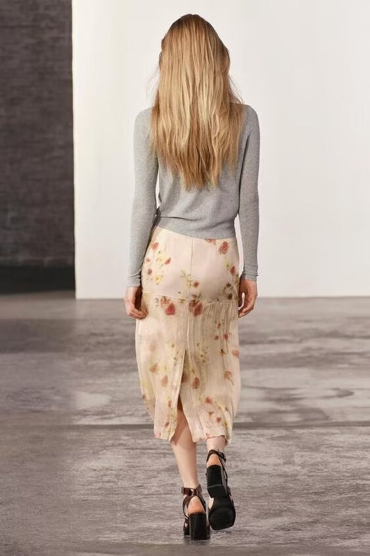 Spring Women Slim High Waist Transparent Floral Print Midi Dress