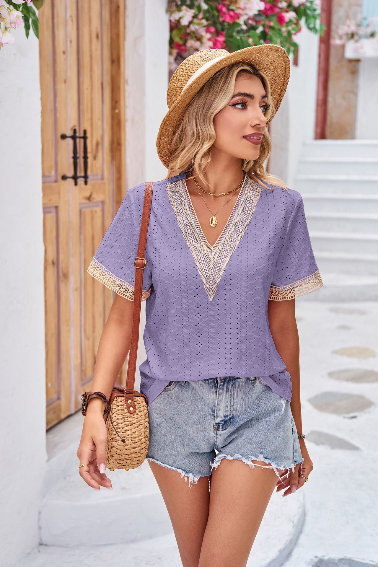 Lace V neck Patchwork Solid Color Loose Short Sleeve Underwear T shirt Top Ladies