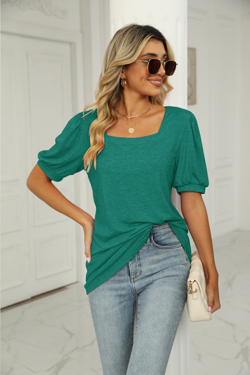 Spring Summer T shirt Solid Color Square Collar Pleated Short Sleeve Puff Sleeve Women