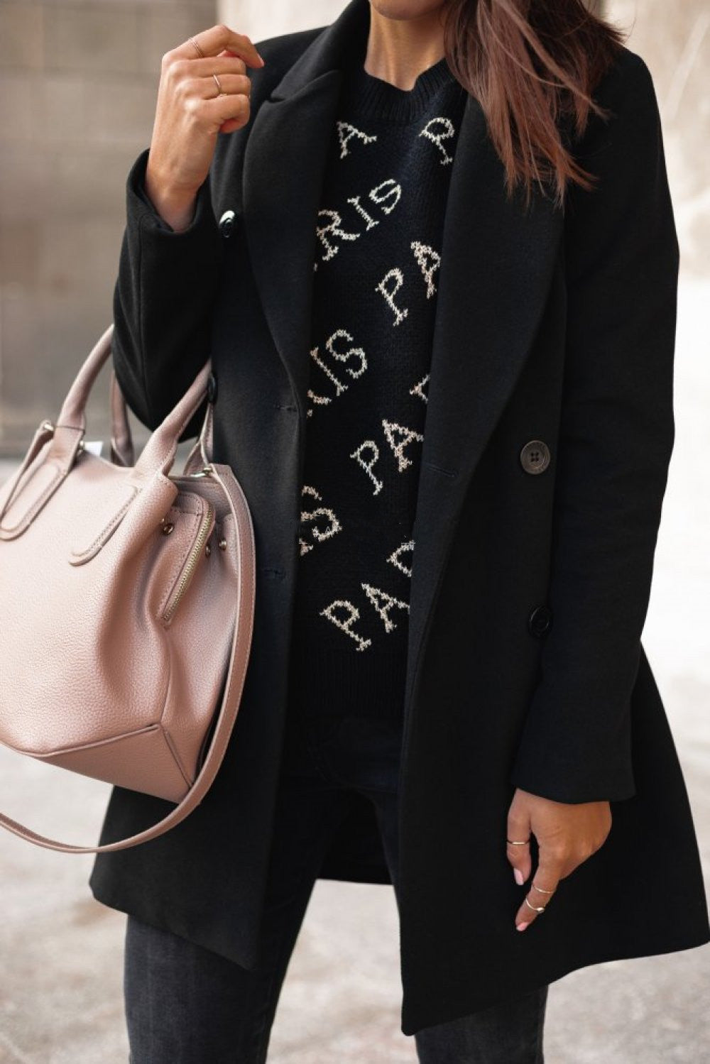 Autumn Winter Solid Color Long Sleeve Double Row Button Blazer Collar Woolen Coat Women