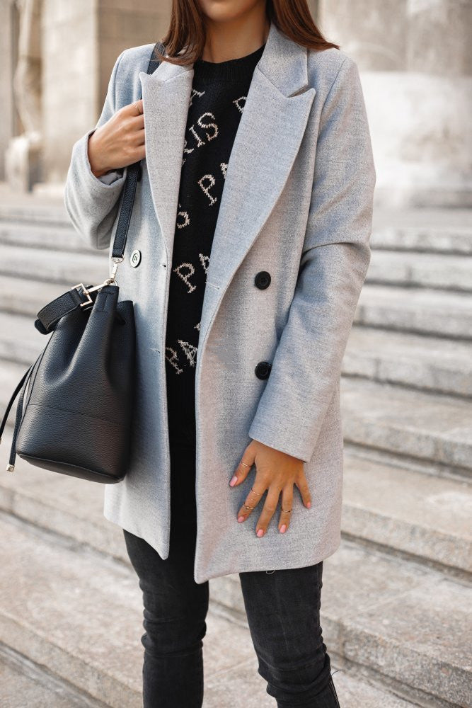 Autumn Winter Solid Color Long Sleeve Double Row Button Blazer Collar Woolen Coat Women