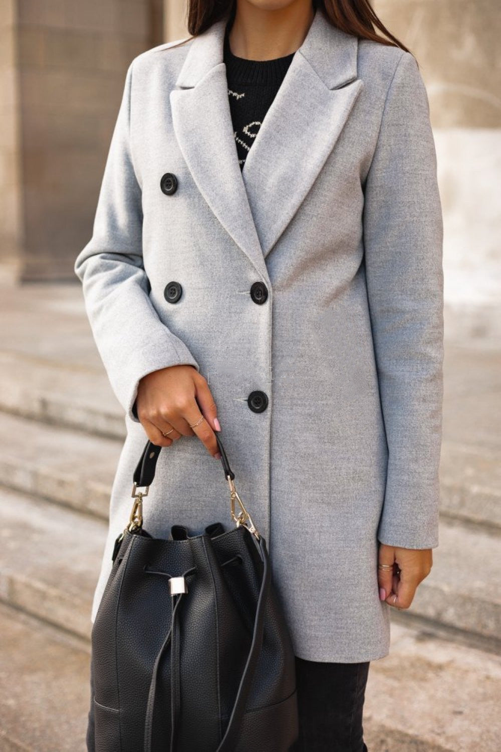 Autumn Winter Solid Color Long Sleeve Double Row Button Blazer Collar Woolen Coat Women