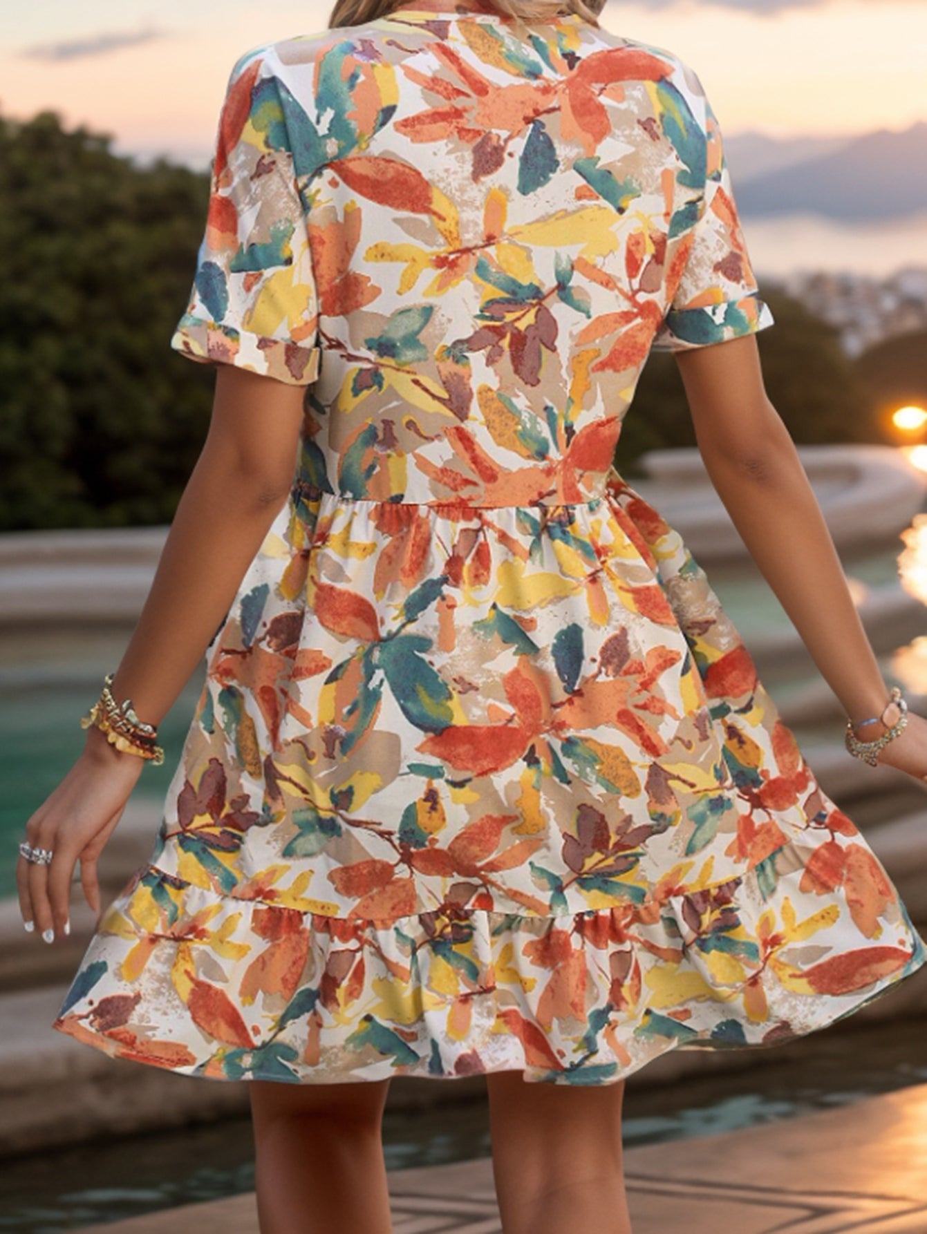 Women Summer Print V Neck Short Sleeved Dress