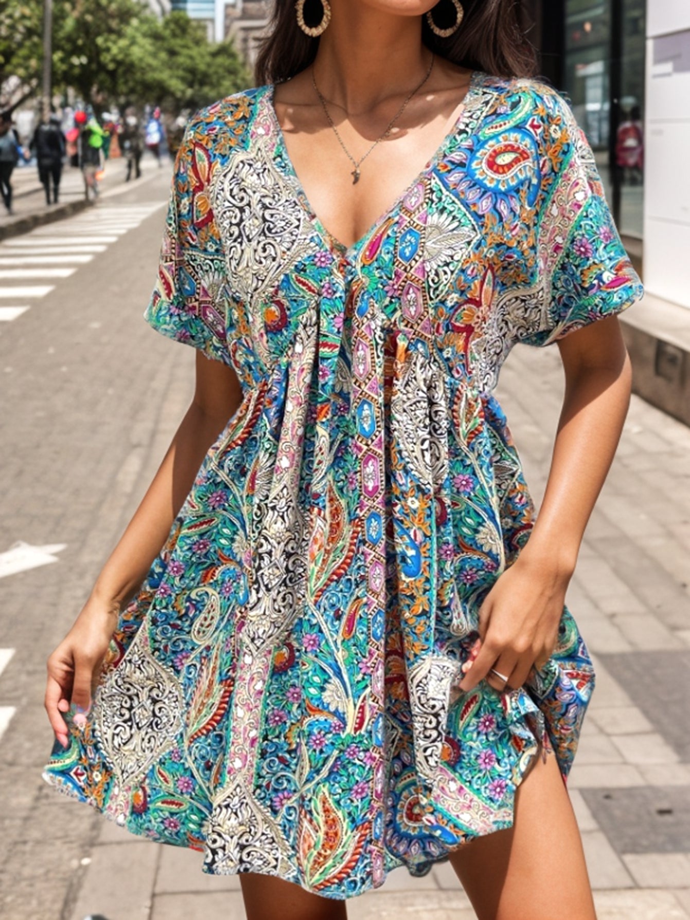 Women Summer Print V Neck Short Sleeved Dress